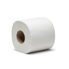 Fototapeta premium Single roll of white toilet paper with embossed design. Hygiene product isolated on white background. Bathroom essential for cleanliness.