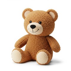 Obraz premium Brown teddy bear sitting on a white background. Cute stuffed animal toy for a happy child. Sweet gift for a birthday or holiday celebration.