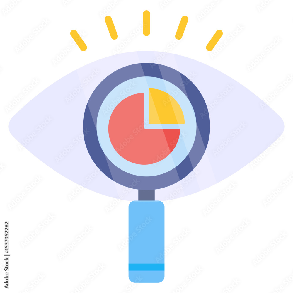 Poster conceptual eye icon with magnifying glass focusing on pie chart for data analysis and market insight