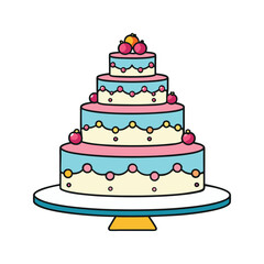 Four Tiered Pastel Wedding Cake Vector Illustration Pink Blue Yellow Cream Decorations Isolated White Background