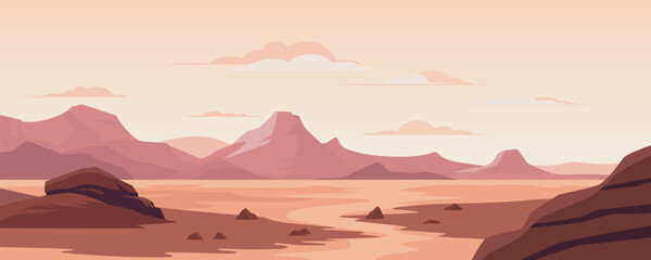 Mountains in the desert. Beautiful landscape of red canyons in the desert area. Wild West. Hot climate. Sandstones. Amazing red mountains. Red desert panoramic vector landscape.