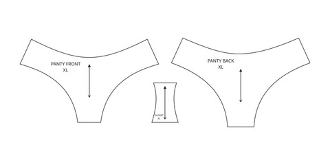 Vector technical drawing of a basic women's panty sewing pattern, including front, back, and gusset pieces in size XL. Ideal for lingerie designers, fashion students, and sewing professionals.