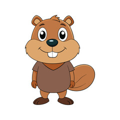 Happy Brown Beaver Cartoon Character Wearing Brown Shirt Vector Illustration Isolated on White Background