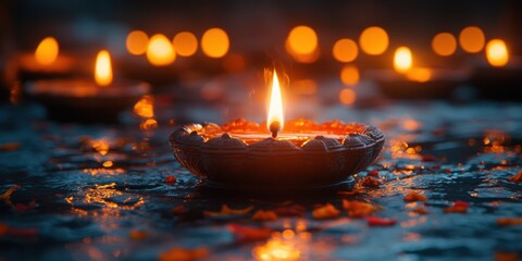 Burning Oil Lamp with Flame on Wet Surface Surrounded by Flower Petals