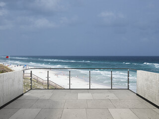 View from the balcony to the sea.Landscape. Sunny Day. Terrace with a beautiful view. Background with beautiful landscape. Seaside view from appartament.