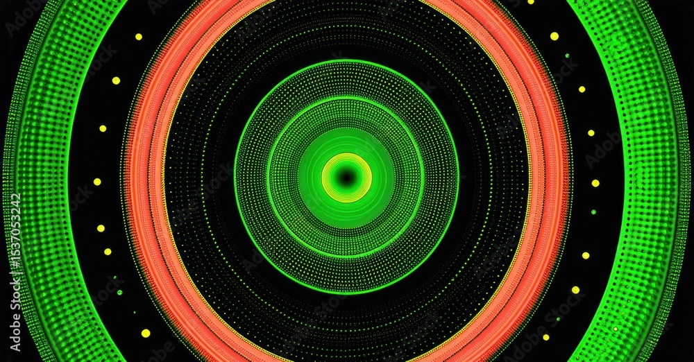 Poster abstract concentric circles, vibrant green, red hues. dark background creates striking visual depth,