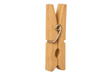 Classic wooden clothespin with metal spring, isolated on transparent background, ready for use