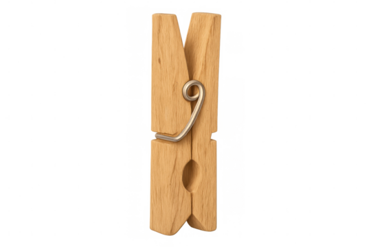 Classic wooden clothespin with metal spring, isolated on transparent background, ready for use