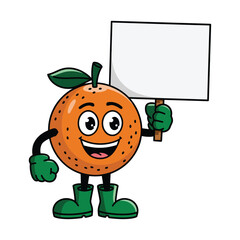 Create a cartoon illustration of a cheerful orange fruit character with big, expressive eyes and a wide smile. The orange has green gloves, green boots, and a green leaf stem on top of its head.