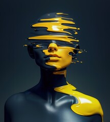 Surreal conceptual portrait of a glossy figure with black and yellow liquid paint merging across face and body in abstract artistic expression