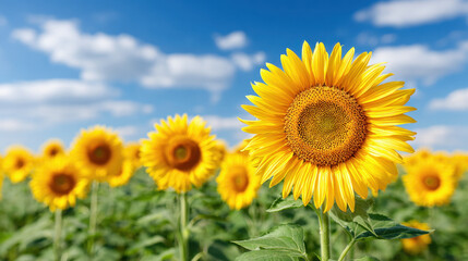 Vibrant field of sunflowers in full bloom under bright blue sky with scattered clouds, creating cheerful and lively scene