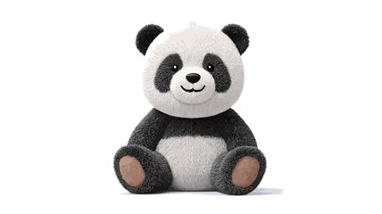 A full shot of a plush panda toy sitting against a plain white background.  The panda is predominantly white with black markings around its eyes, ears and body. It has a simplified, cartoonish