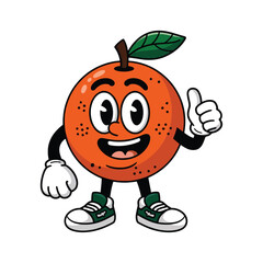 A cheerful cartoon orange character with big, expressive eyes smiling widely Orange has two legs and two arms