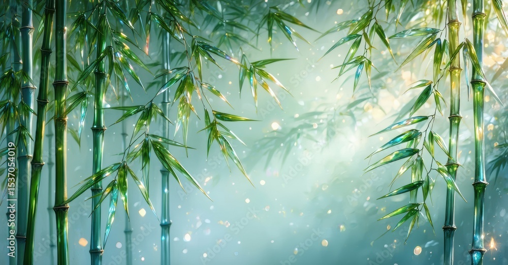 Poster lush bamboo forest scene. sunlight filters through leaves creating ethereal glow. peaceful, serene n