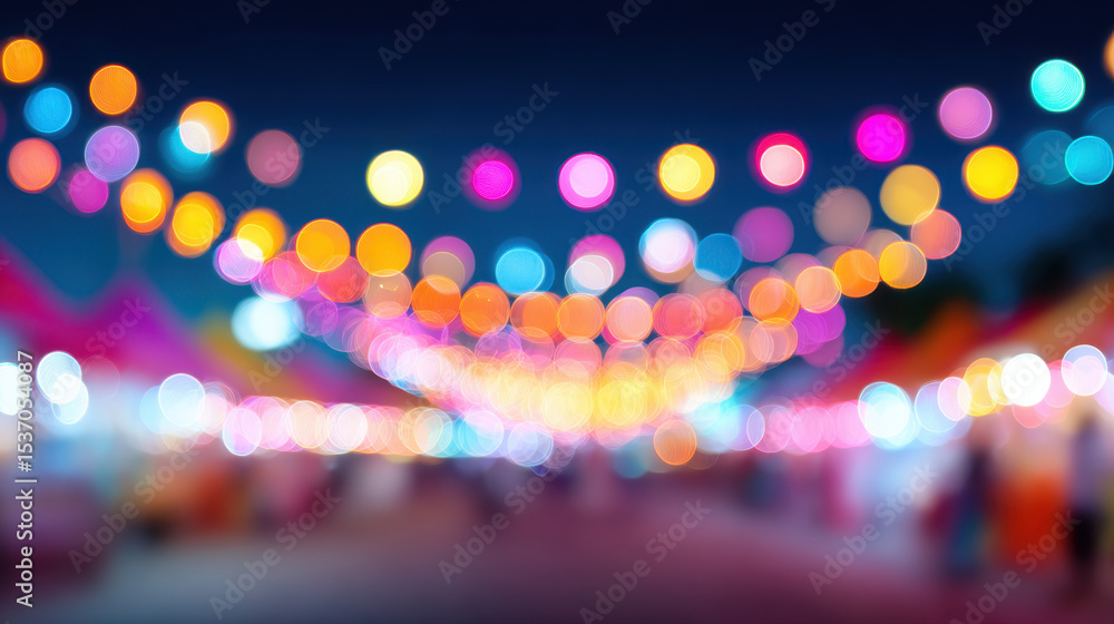 Poster Colorful bokeh lights create festive and vibrant atmosphere with blurred shapes and glowing orbs in night setting full of joyful energy