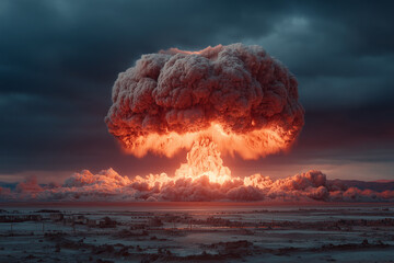A massive nuclear explosion in the desert, giant mushroom cloud rising into the sky, intense orange and yellow glow, shockwave forming on the ground