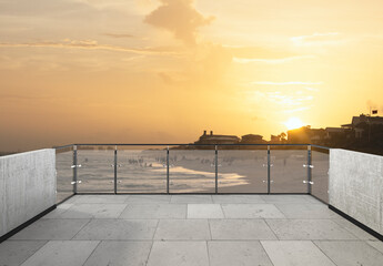 View from the balcony to the sea.Landscape. Sunny Day. Terrace with a beautiful view. Background with beautiful landscape. City near the sea.