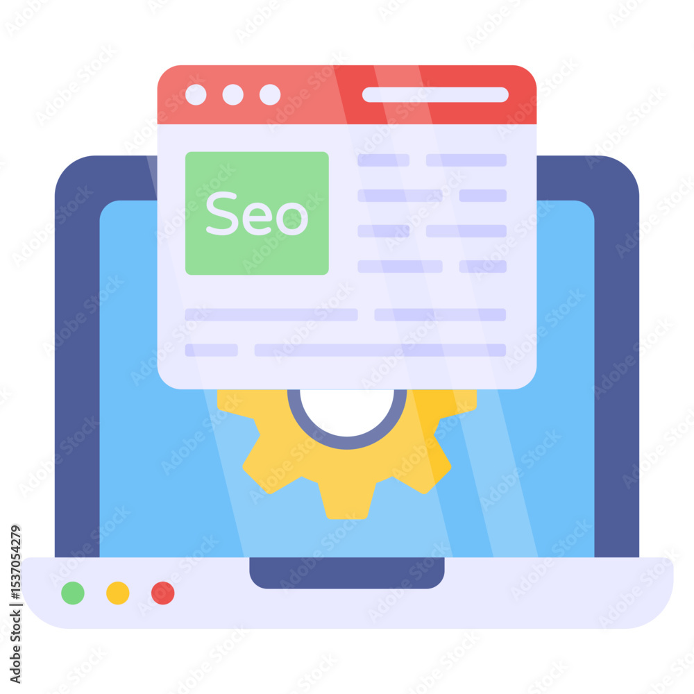 Poster digital marketing seo concept with laptop displaying website optimization content and gear icon for 