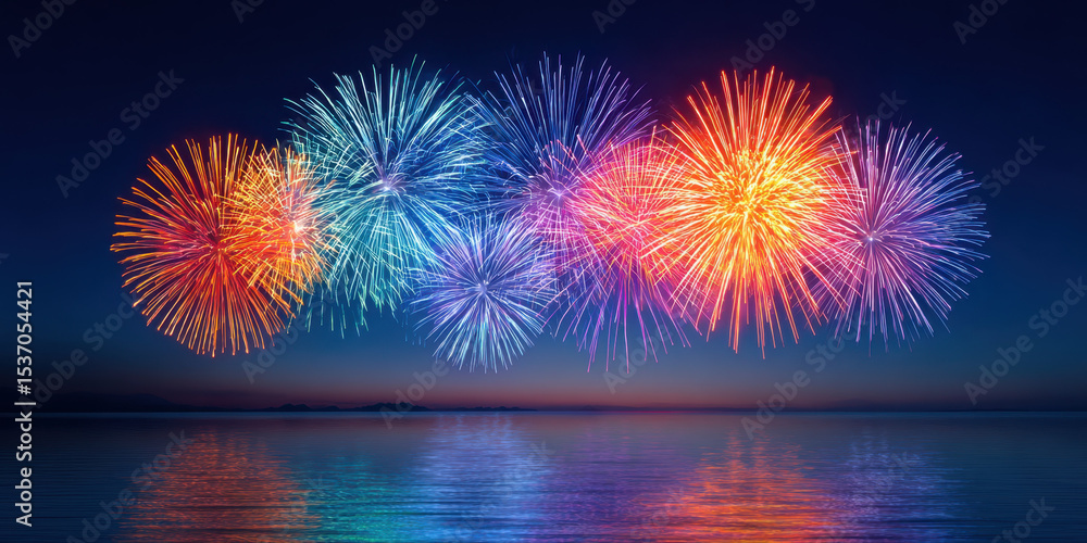 Poster spectacular colorful fireworks display over calm water at night with vibrant reflections creating fe