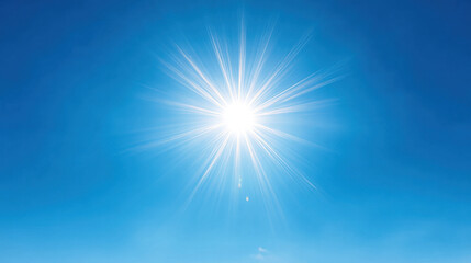 Fototapeta premium Bright warm flare of summer sun shines brilliantly in clear blue sky, creating vibrant and uplifting atmosphere