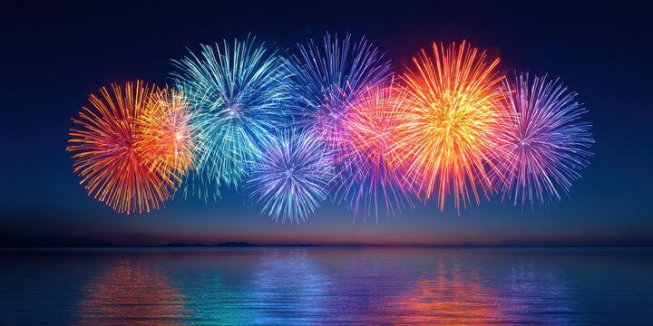 Spectacular colorful fireworks display over calm water at night with vibrant reflections creating festive and joyful atmosphere