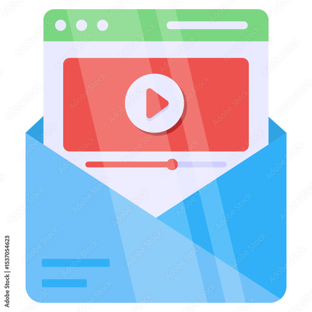 Aufkleber digital communication concept showing an open envelope delivering an online video player within a we