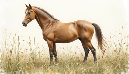 Fototapeta premium Brown Horse Standing Gracefully in a Field of Tall Grass With Soft Texture in the Background