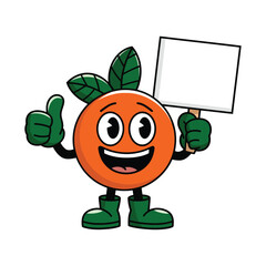 Create a cartoon illustration of a cheerful orange fruit character with big, expressive eyes and a wide smile. The orange has green gloves, green boots, and a green leaf stem on top of its head.