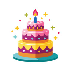 Three Tiered Anniversary Cake Vector Illustration Pink Purple Yellow Orange Teal Candle Festive Decor White Background