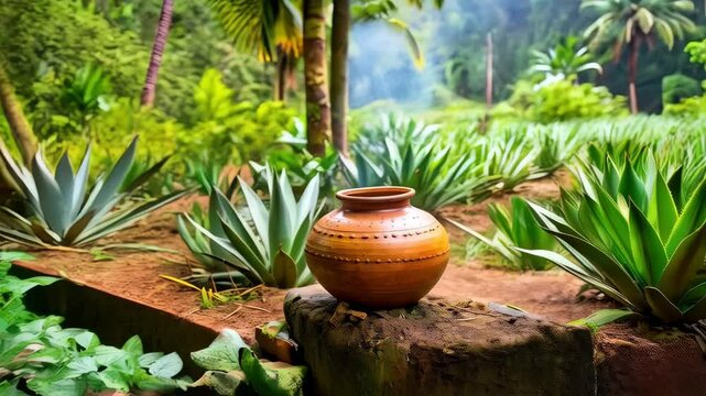 Brown handcrafted clay pot emitting smoke in lush tropical garden filled with agave plants and palm trees in the background evoking a sense of tradition and ritual