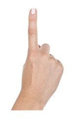 Woman hand shows one finger, closeup object. Isolated on transparent background