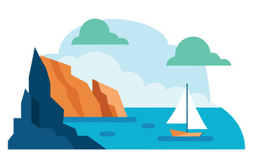 Naklejka premium seascape illustration with cliffs, sailing boat, and clouds in simple shapes