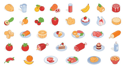 Vibrant Isometric Food Illustrations Vector illustration Pack png Fresh Produce, Baked Goods, and Meats