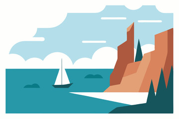 Naklejka premium Sailboat on Teal Sea with Sandstone Cliffs and Evergreen Trees Illustration