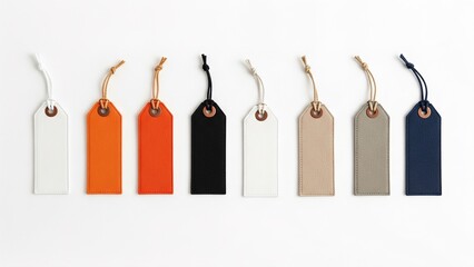 Various colored tags hanging isolated on a white background