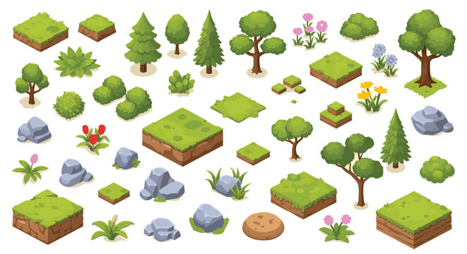 Isometric Game Assets Vector illustration Pack png Lush Green Grass, Brown Earth, Gray Rocks, Varied Trees, and Colorful Flowers
