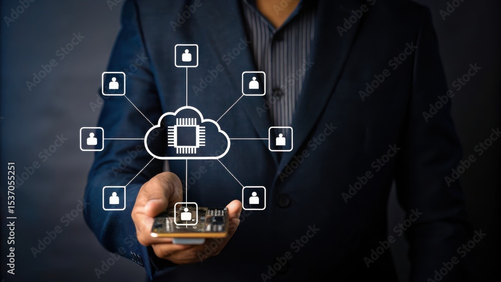 Poster a person holds a smartphone with a digital cloud computing network hologram, symbolizing data connec