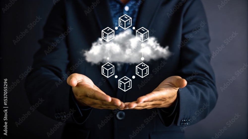 Poster a person in a suit presents a virtual cloud with blockchain icons, symbolizing cloud computing and d