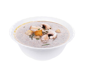 Mushrooms cream soup with agaric, closeup object. Isolated on transparent background