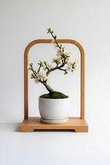 Bonsai Tree Displayed in a Wooden Frame on White Background