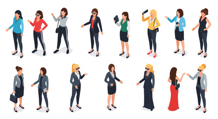 Isometric Diverse Women in Business Attire, Stylish Outfits, and Modern Professional Fashion