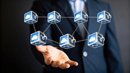 A businessperson holds a virtual network of interconnected cloud blocks, symbolizing cloud computing and blockchain technology.