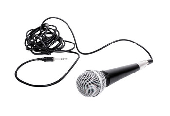 Voice microphone with cable, closeup object. Isolated on transparent background