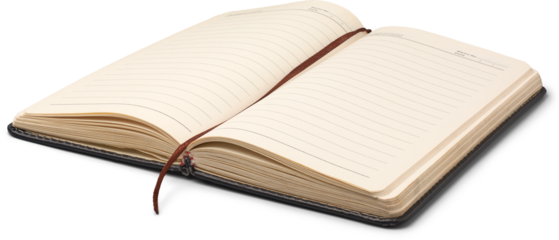 side view of blank open notebook or journal with line pages and bookmark ribbon isolated white background, cream colored empty lines for text