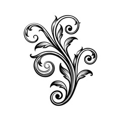Black and White Floral Vine Ornament Silhouette Isolated on White Background Intricate Swirls and Leaves Decorative Design Element