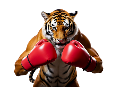 Powerful tiger boxer wearing red gloves isolated on transparent background