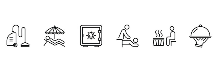 Hotel comfort and luxury service icon set with cleaning relaxation spa security massage sauna dining beach leisure in outline.