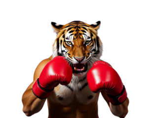 Tiger boxer with red gloves isolated on transparent background