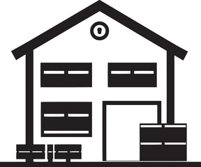 Simple and elegant vector illustration of a warehouse icon in black.