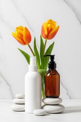 Elegant Spa Bottles with Flowers and Balancing Stones Still Life